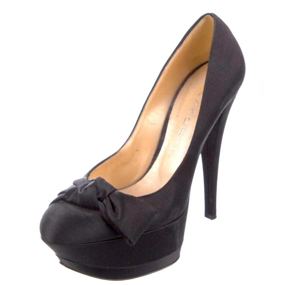 Casadei Luxury Satin Knotted Bow Dress Platform Stiletto Heel Pumps Black EUC 8